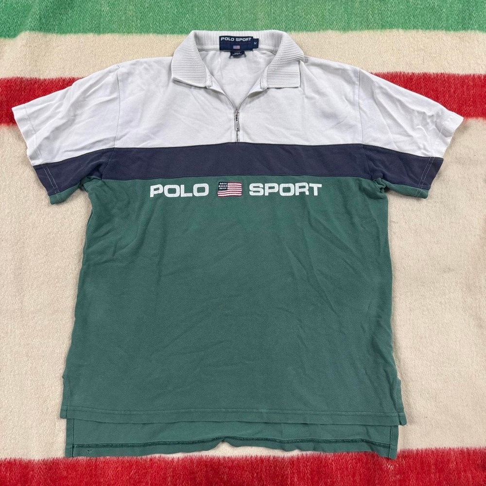 Vintage 90s Polo Sport Ralph Lauren Zip Up Polo Shirt Mens Medium Green White